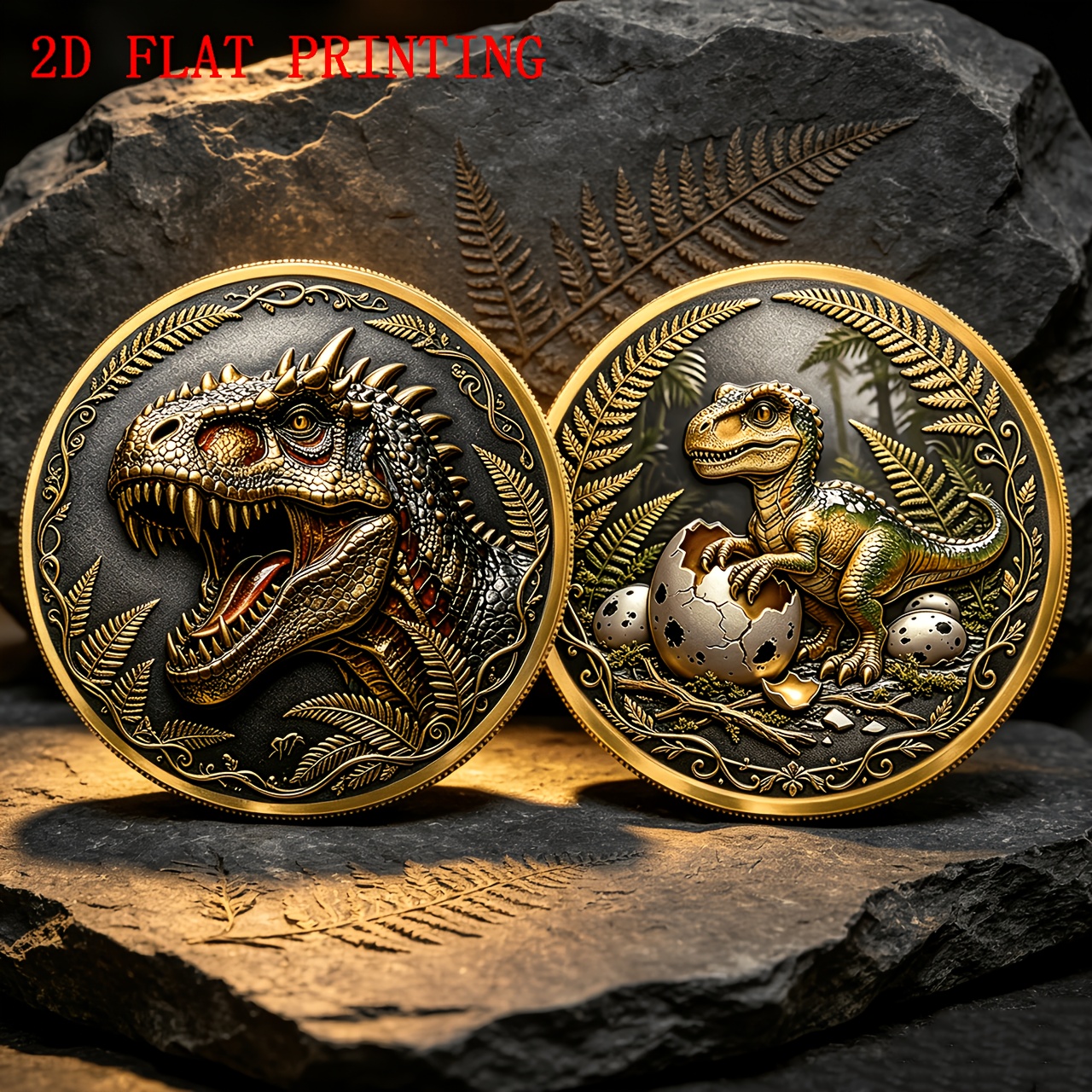 TEMU 1pc, 2d Jurassic Dinosaur Commemorative Coin, Jungle Hatching Little Dinosaur Theme Medal, Prehistoric Fern Relief Coin, Paleontology Science