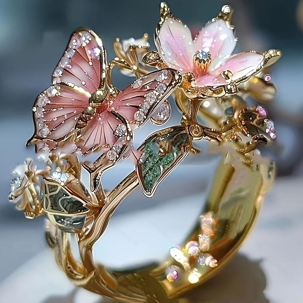 TEMU 1pc Bague Élégante Papillon Fleur, Bijou de Haute Qualité, Bague Ouverte, Convient aux Femmes, Cadeau de Fête de Mariage, Cadeau de