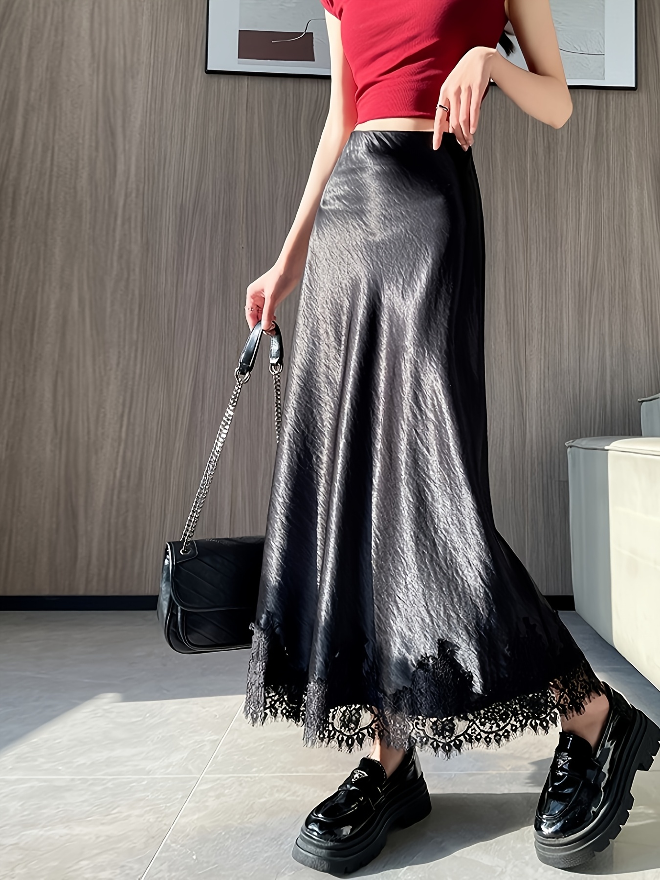 Long Skirt Black Satin Mermaid Skirt MISSGUIDED Logo Label Satin