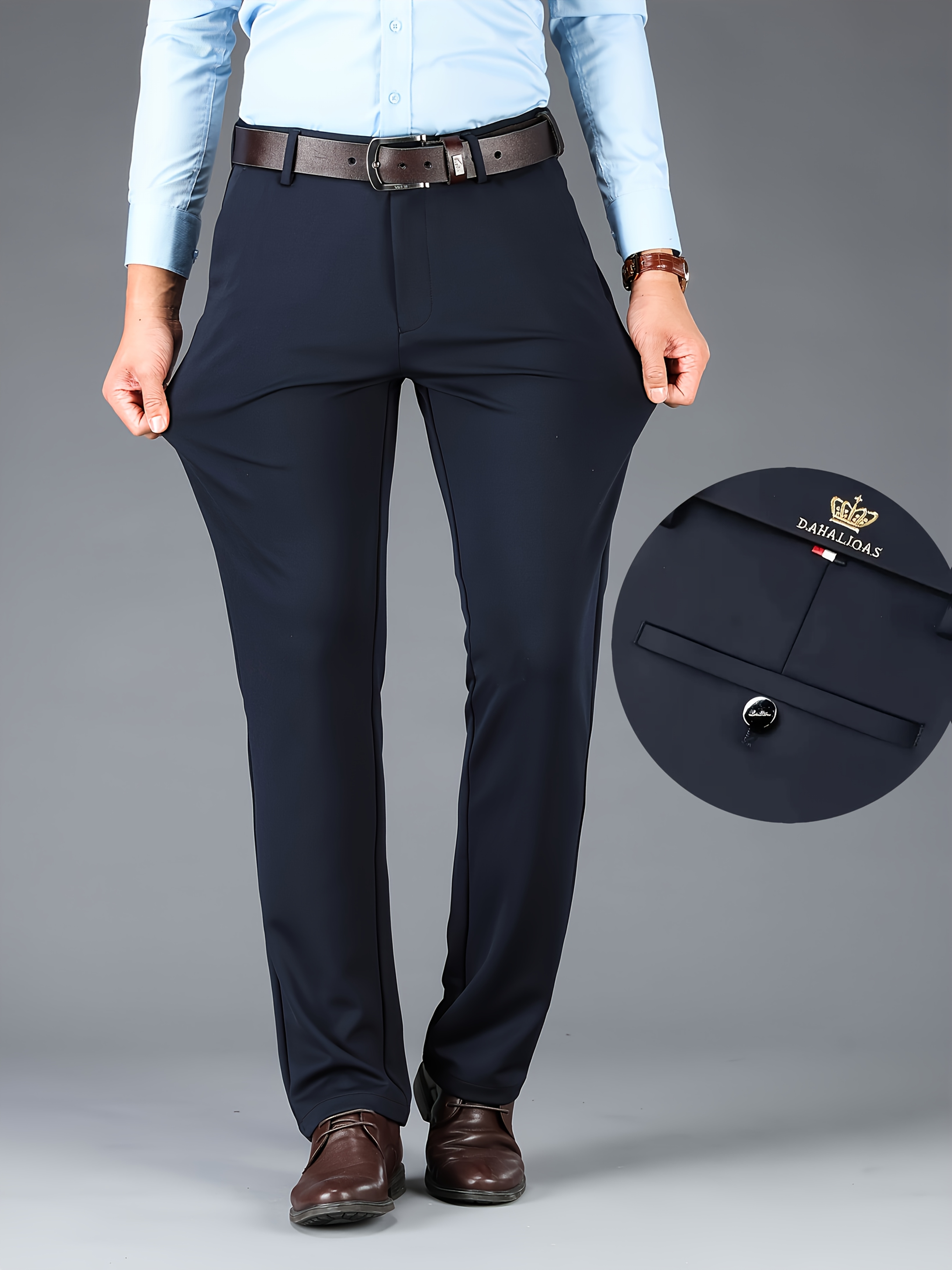 Men's High Elasticity Wrinkle-Resistant Straight-Leg Dress Pants - All-Season Machine Washable Business Casual Trousers with Crown & Dahlia Design, High Waist, Button & Zipper Closure, Professional Wear, Classic Style, Quality Craftsmanship, Stylish Men