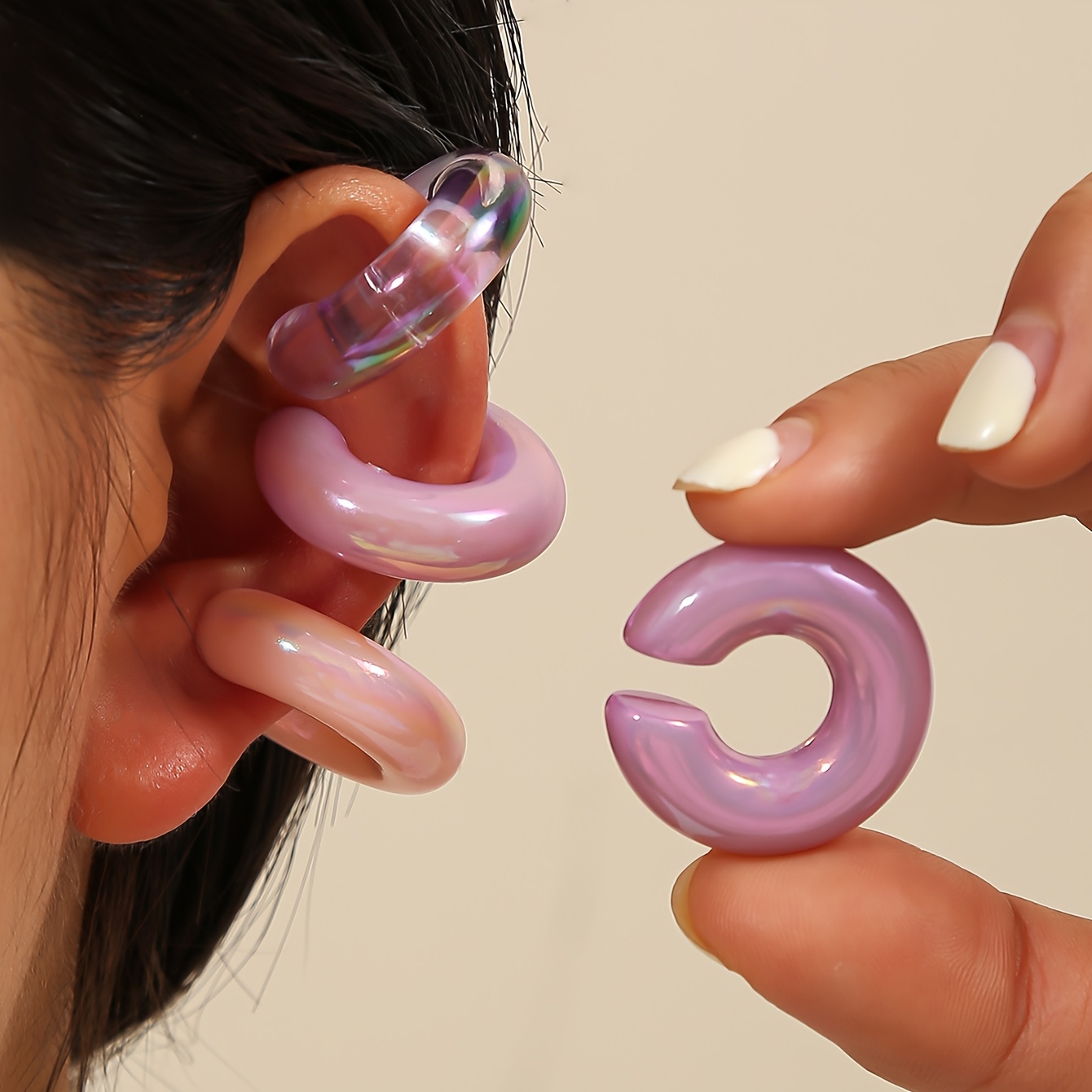 6pcs Women's Clip On Earrings Candy Colored C Shaped Hoops Lightweight Resin