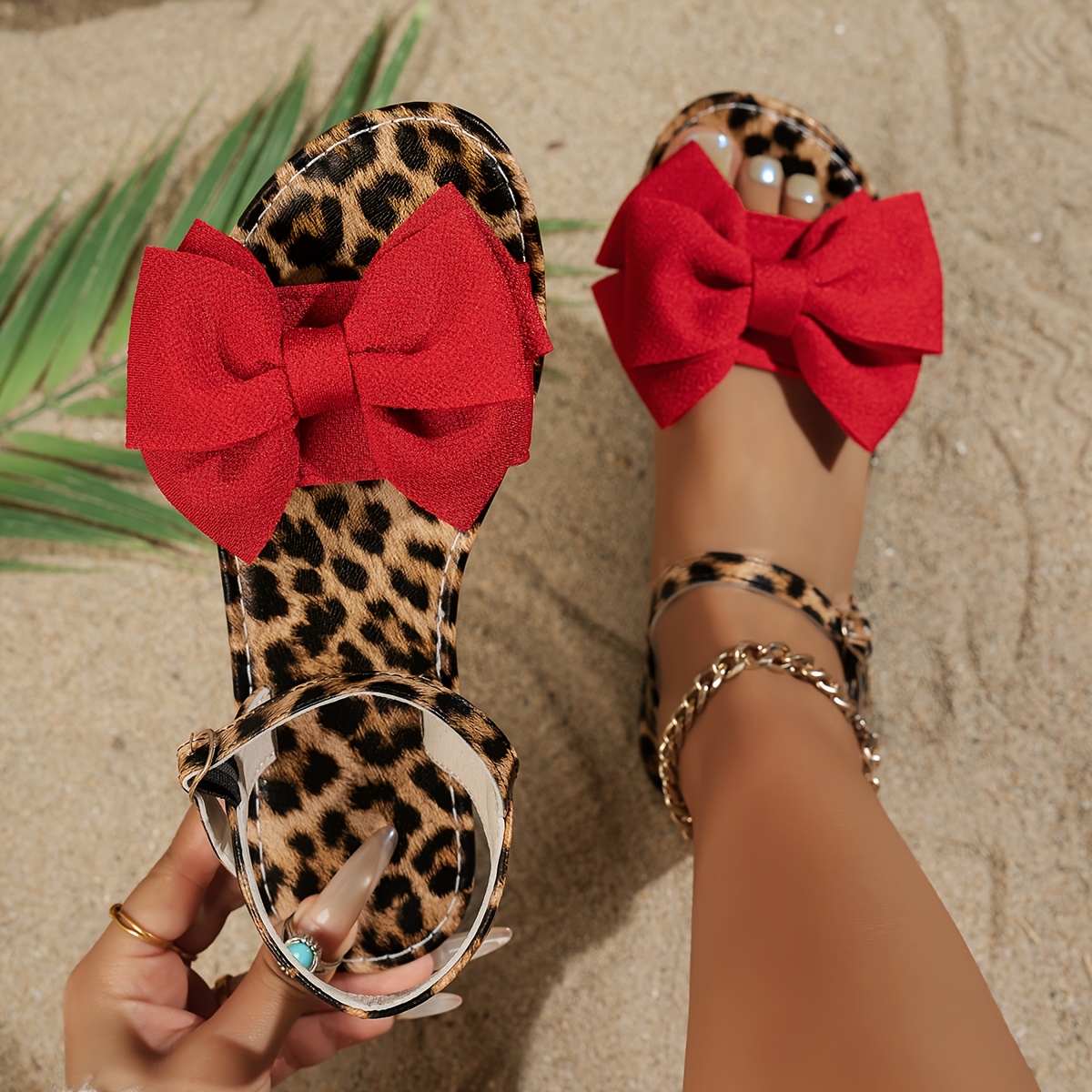 TEMU Sweet Cool Vintage Style Flat Shoes With Leopard Print Sole And Bowknot Ankle Strap For Daily Casual Wear Women Shoes
