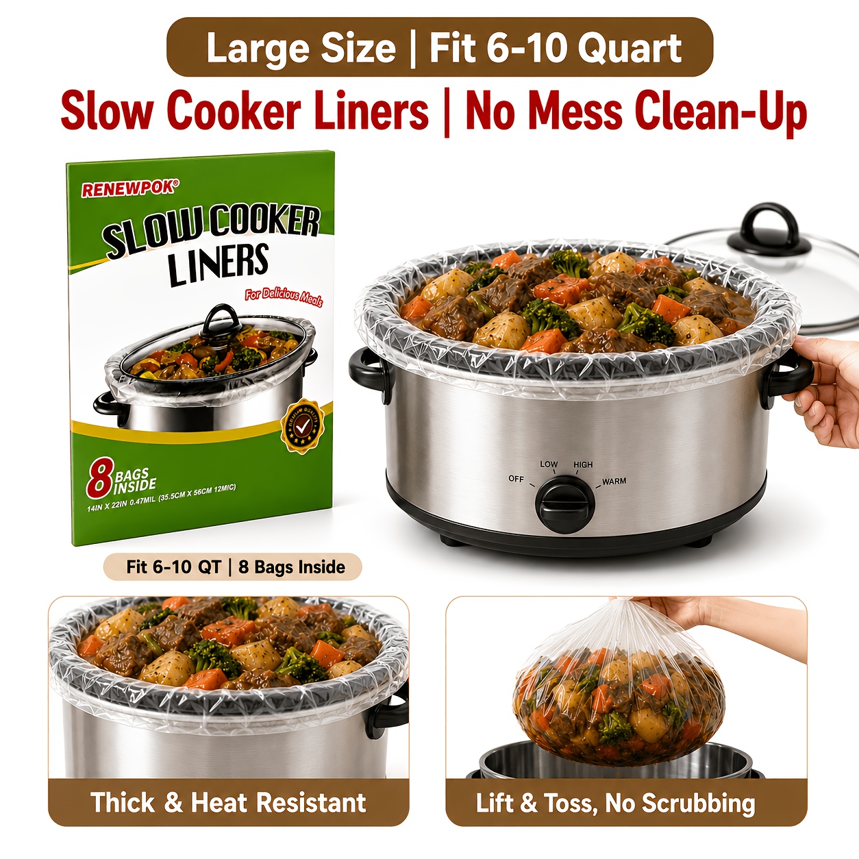 TEMU Slow Cooker Liners Large Size 6 Quart, Disposable Liners, Heavy-duty Heat-resistant Cooking Bags, No-mess For Oval & Round Slow Cookers