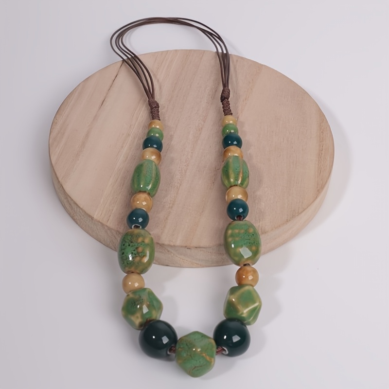 TEMU Collar bohemio artesanal único con cuentas de cerámica marrón y cadena de arcilla ajustable, para mujeres y outfits casuales, ideal para ,