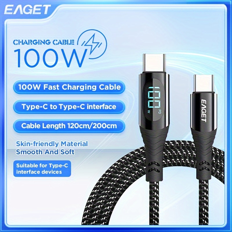 

Eaget Pd 100w C-to-c Fast Charging Data Cable, Intelligent Digital Display, Zinc Alloy Nylon Braid Is Suitable Fast Charging For Iphone15/ Samsung/xiaomi///ipad/ Mobile Phone/mobile Power