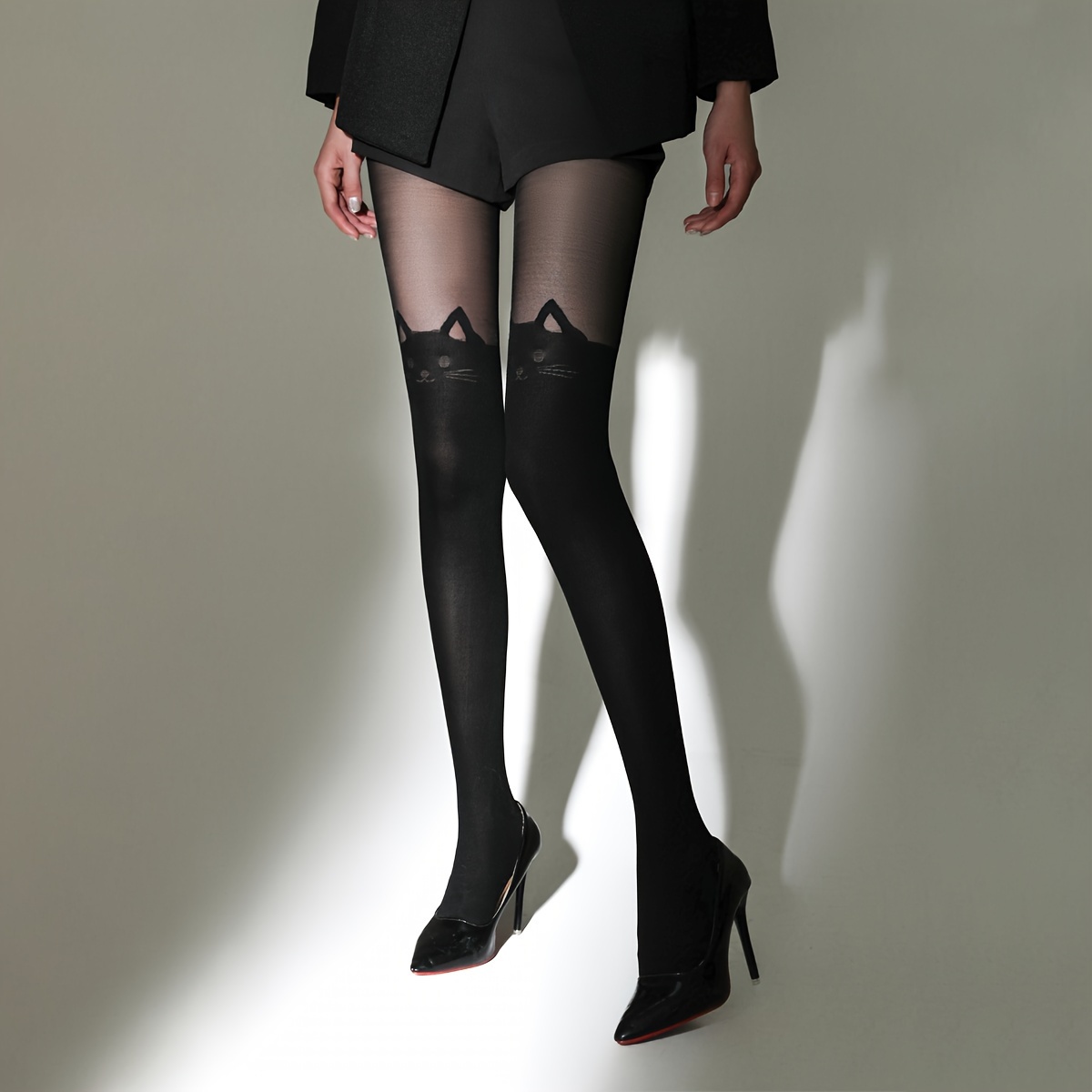 

Elegant Black Cat Head Women's Tights - High Waist, Stretchy Nylon/spandex , Machine Washable