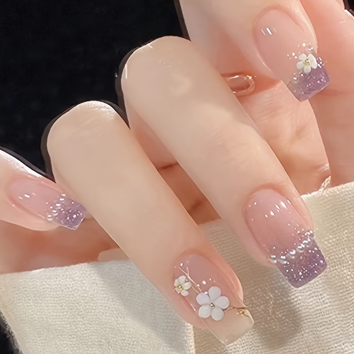 

Elegant 24pcs -on Nails Set With Pearls & Floral Accents - Pink/purple Gradient, Medium Square Shape For Women And Girls - Includes Nail File & Jelly Adhesive