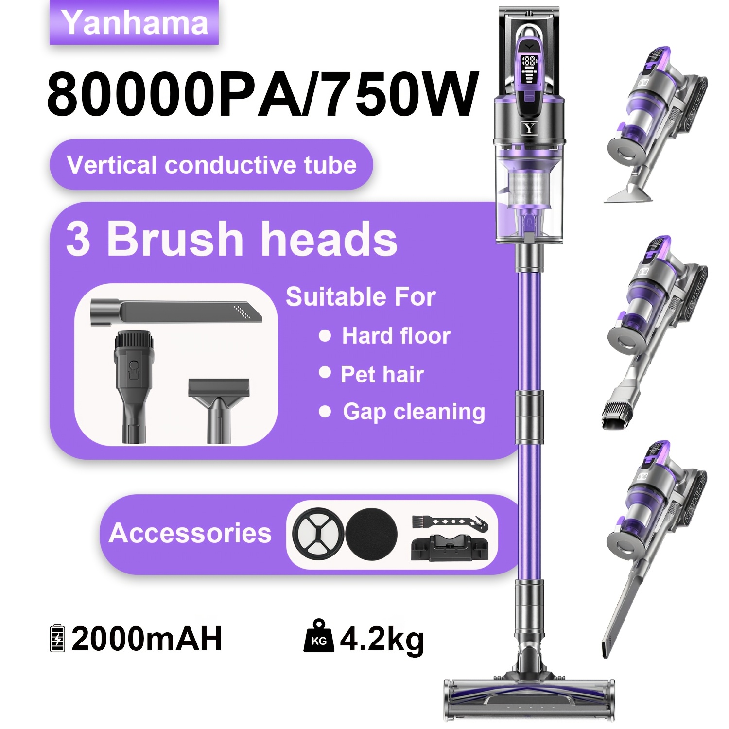 Yanhama Cordless Vacuum Cleaner/ 75kpa/80kpa/ Cordless Vacuum Cleaner/ With Anti- Brush/ / Cordless Vacuum Cleaner With Led Display/ Handheld Vacuum Cleaner For Pet Hair Hard Floor Carpet