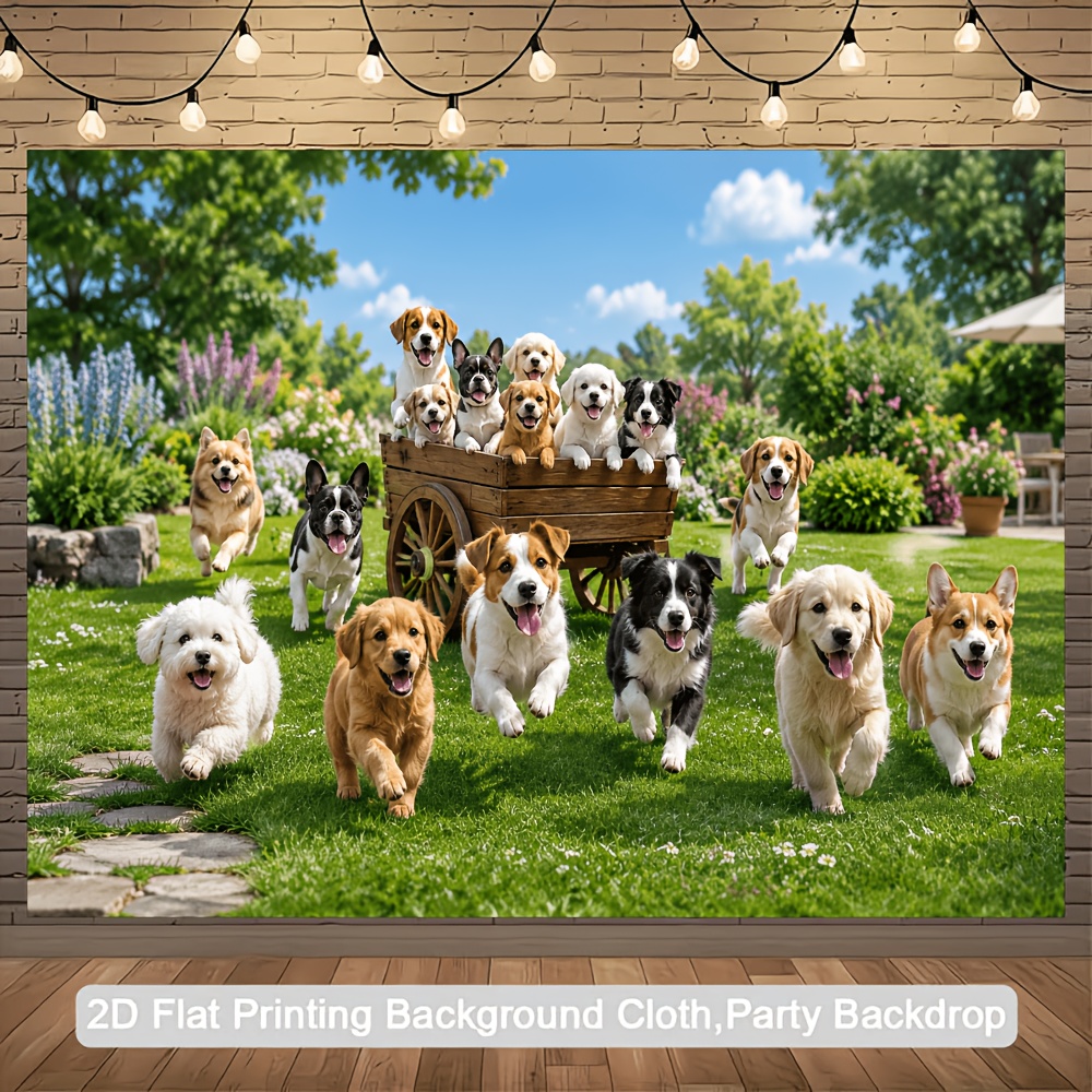 TEMU 1pc Cute Dog Themed Banner Suitable For All- Indoor/outdoor Decor - Multicolor Puppy Backdrop With Green Grass & , Photo Background For Pet