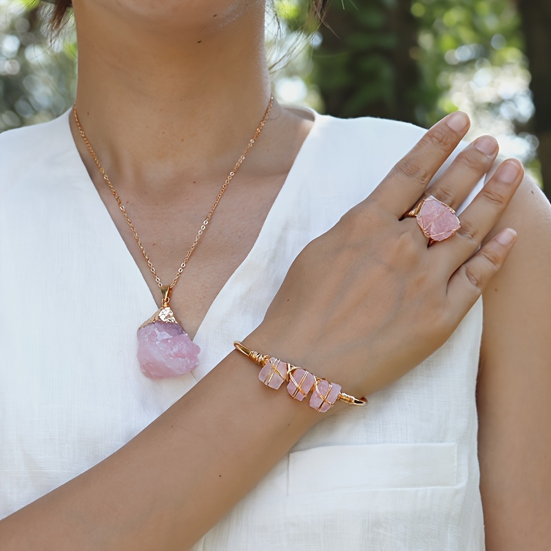 

Vintage Bohemian Style Cuff Bracelet Set With Natural Pink Crystal Necklace And Open Ring Jewelry - Perfect Gift For Thanksgiving/christmas, Vocation Jewelry Set For Your Lover