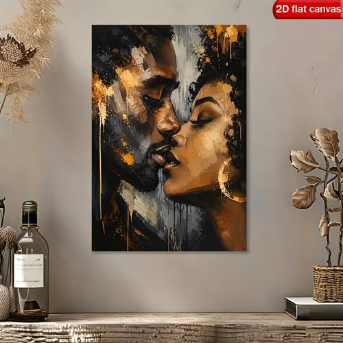 2d flat 2d flat 1pc african american couple canvas wall art abstract contemporary painting with golden accents decor living room bedroom wall decor ready to hang stretched with wooden frame high definition print artwork