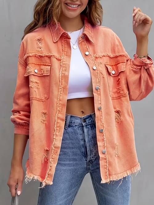 womens distressed denim jacket casual ripped fringe shacket with pockets button lapel collar polyester solid color machine washable for fall winter