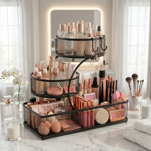 3 tier metal bathroom storage rack a spray bottle hooks space saving countertop organizer for cosmetics skincare and toiletries rust resistant diamond mesh design sturdy and durable suitable for vanities bathrooms wardrobes