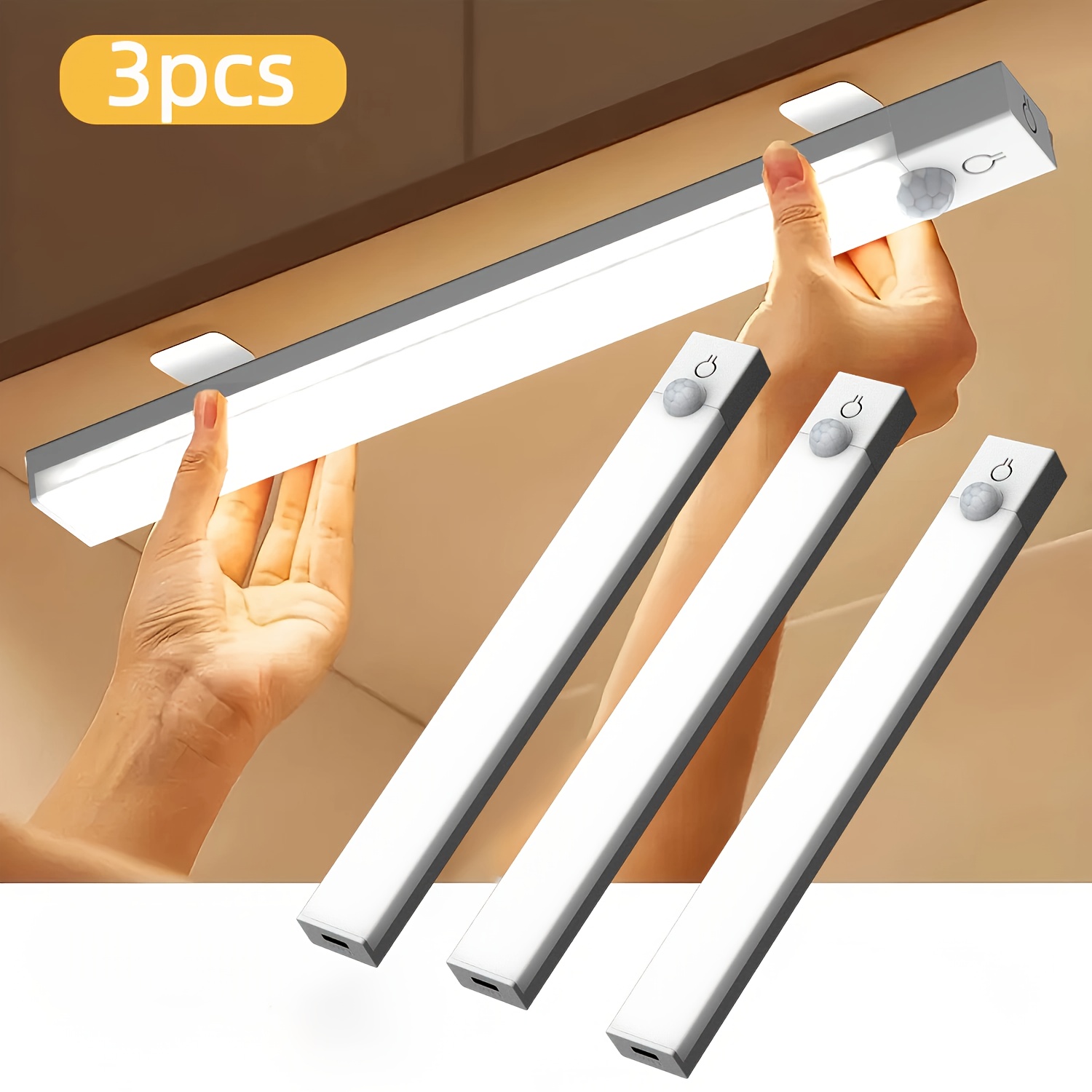 set of 3 led lights with motion detection adjustable brightness for cabinets rechargeable via usb featuring three color temperatures 3000k 4500k 6000k suitable for use as night lights in bedrooms staircases kitchens piano rooms