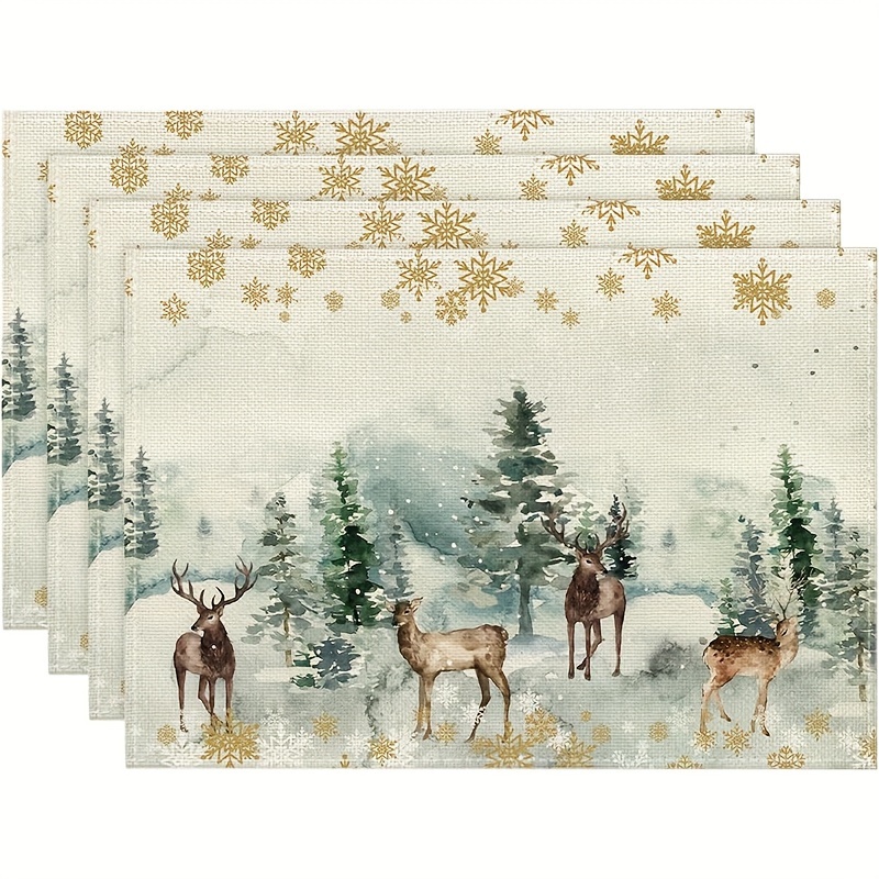 

Set Of 4 Seasonal Christmas Placemats With Watercolor Deer And Snowflake Design - Machine Washable Linen Square 12x18 Inch Dining Table Mats For Winter Country Decor