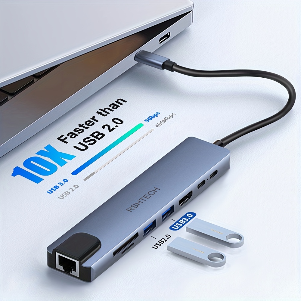 RSHTECH 8-in-1 Type C HUB Adapter - 4K HDTV, USB 3.0 5Gbps High-Speed Data Transmission, SD/TF Card Reader, RJ45 Ethernet, PD 100W USB C Docking Station for Mobile Hard Disk, Keyboard, Mouse, Digital Camera, Printer, Webcam, SD/TF Card