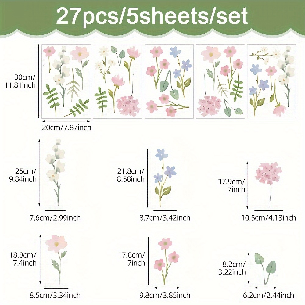 5 Sheets/set, Floral Wall Stickers, 27pcs Floral Wall Decal, Wall Decor, Boho Style Wall Sticker, Pastel Waterc