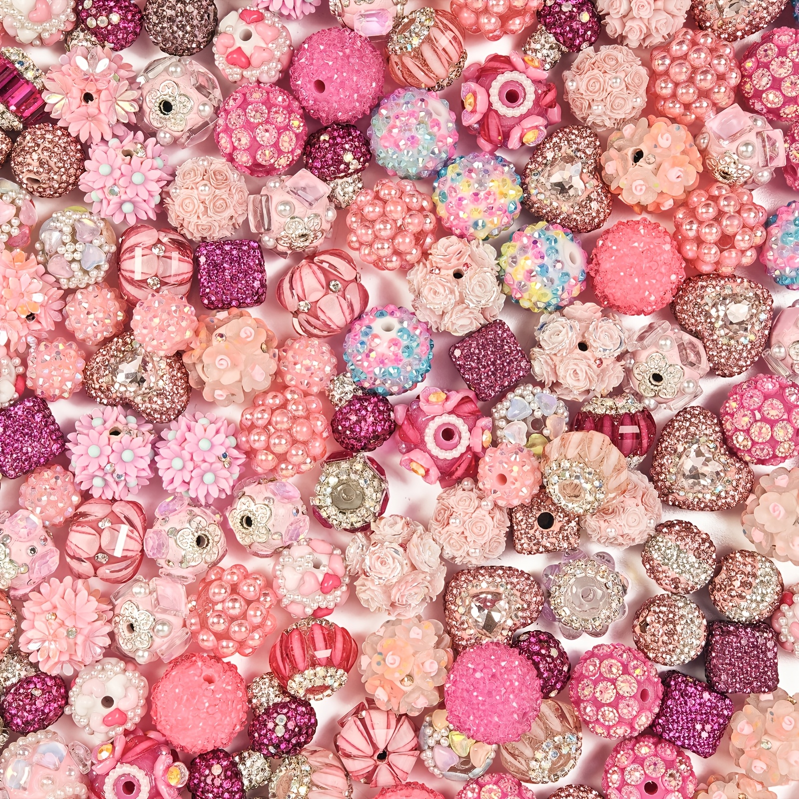 TEMU Fflfuu Ccdcll 10pcs Heart, Round & Rose-shaped Random Resin Beads, Pink- Pearlescent -inlaid Loose Beads, Handmade For Pen Decoration And