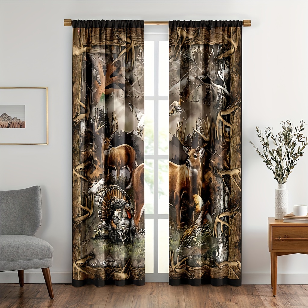 

2pcs Set Rustic Deer Print Curtains For Bedroom - Style, Uv Protection, Rod , Machine Washable, Fall Wildlife, Window Curtains