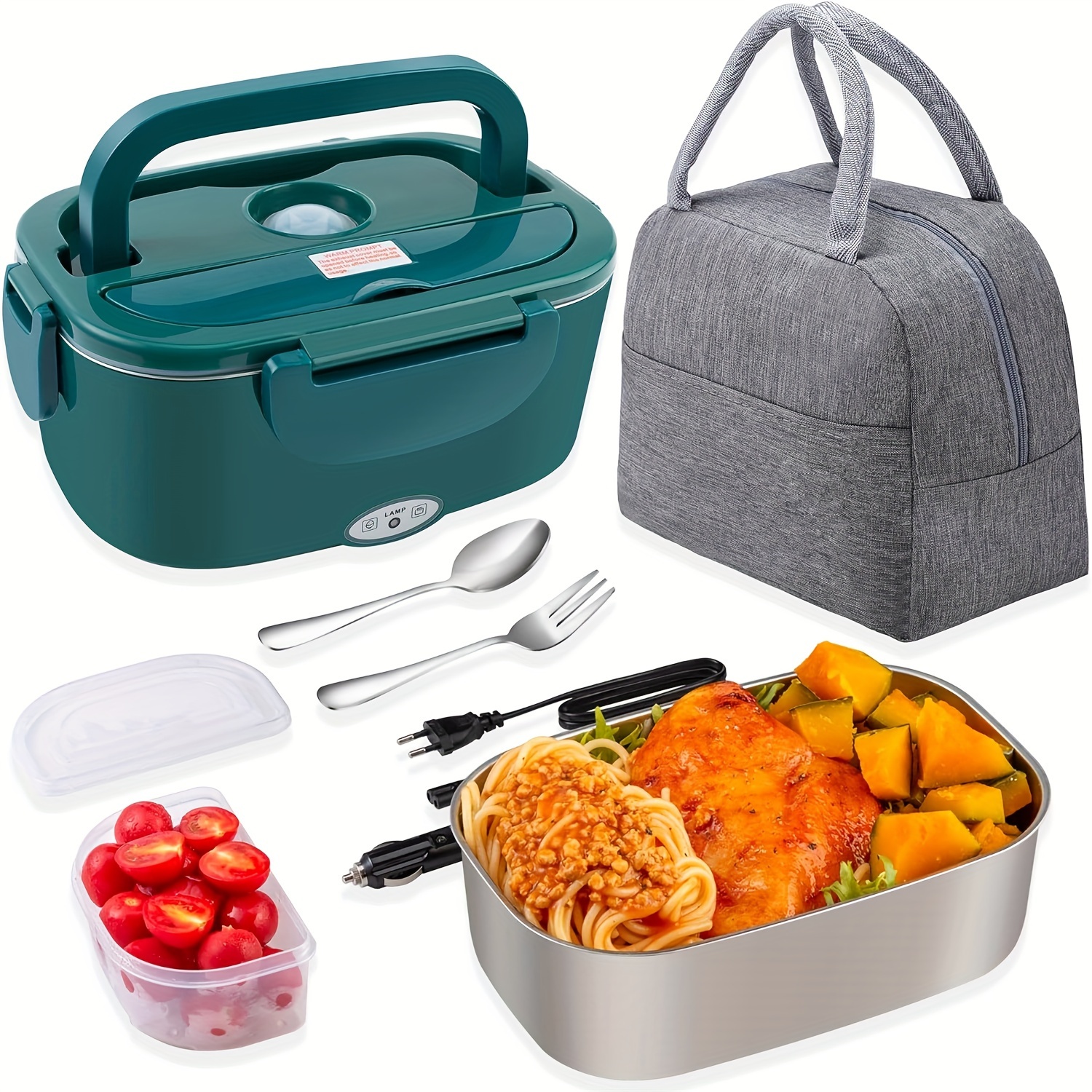 

80w 1.5 Liter Adult Electric Lunch Box, Portable, For Men, For Heating Food 12/24/110v, For Car/truck, With Insulated Bag, Plastic Case, Spoon, Fork (green)