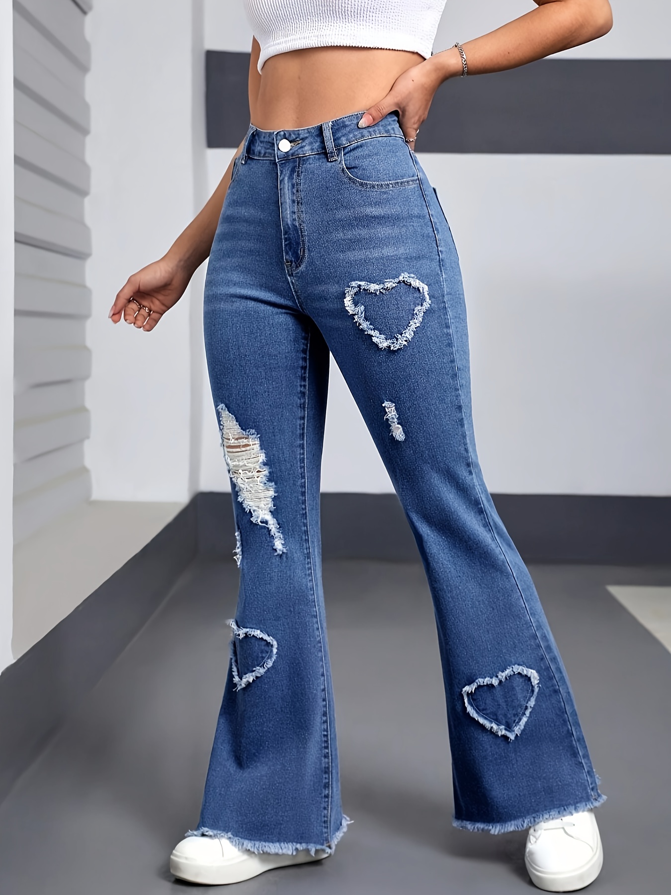 Women'S Stretchy Heart Pattern Flare Jeans | Casual Mid-Rise Denim with Raw Hem | Medium Stretch, Zipper Fly | All-Season Comfort | Fashionable Bell Bottoms | Versatile Clothing | Heart Design Jeans, Jeans for Women