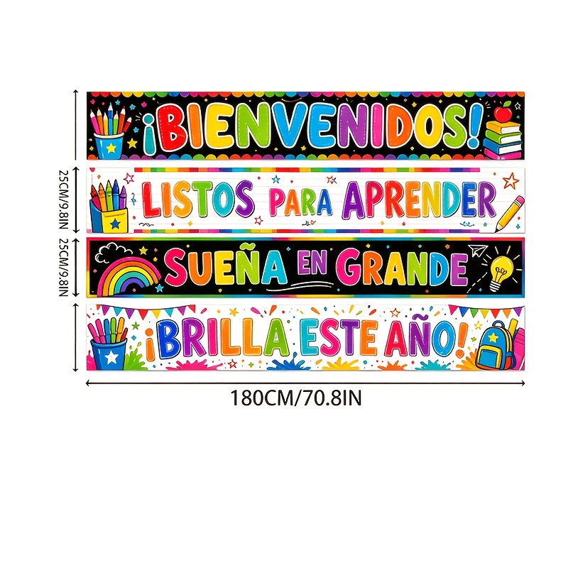 TEMU 4pcs Set - Back To School, First Day Of School Theme Decorative Banners, Multi-styles Of High-quality Spanish Design, "back To