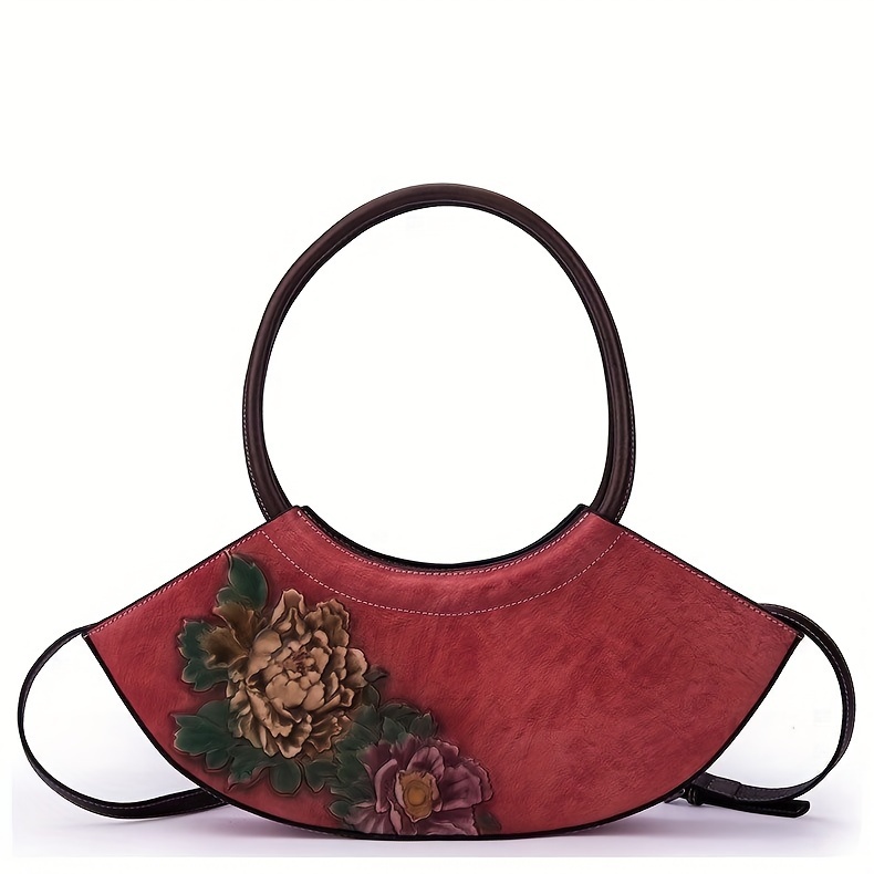 Vintage Floral Genuine Leather Handbag for Women - Lightweight Top-Handle Messenger Bag with Lace Embellishment, Adjustable Strap, Zipper Closure, from Guangzhou - Elegant Occasion with Positioning Printing And Paint