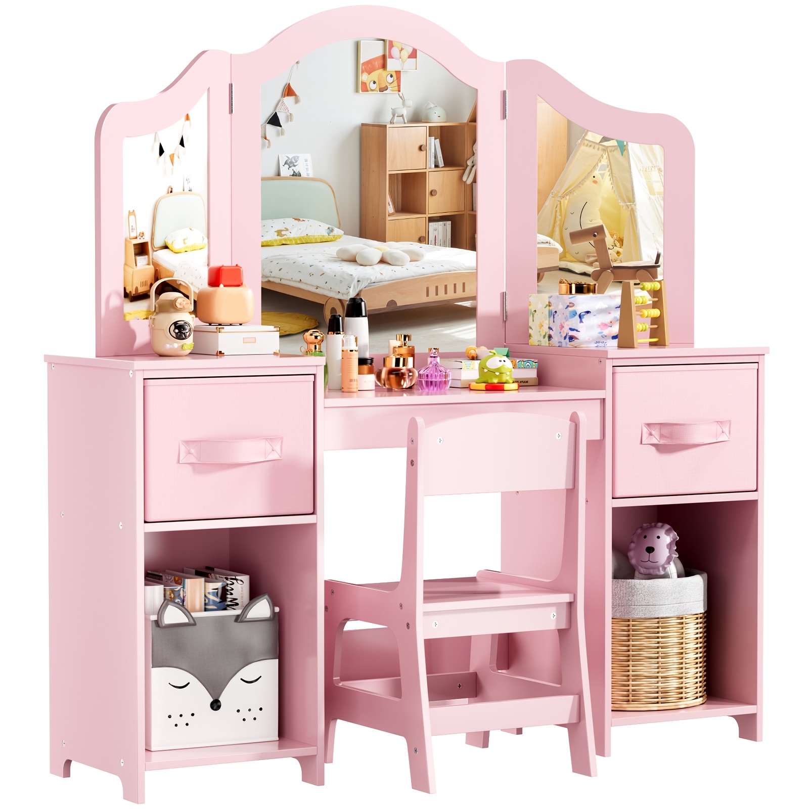 2-in-1 Dressing Table, Dressing Table With Removable Mirror, Desk With Stool, Wooden Dressing Table, Cosmetic Storage, Suitable For Bedroom/study Room, 108x30x114 Cm