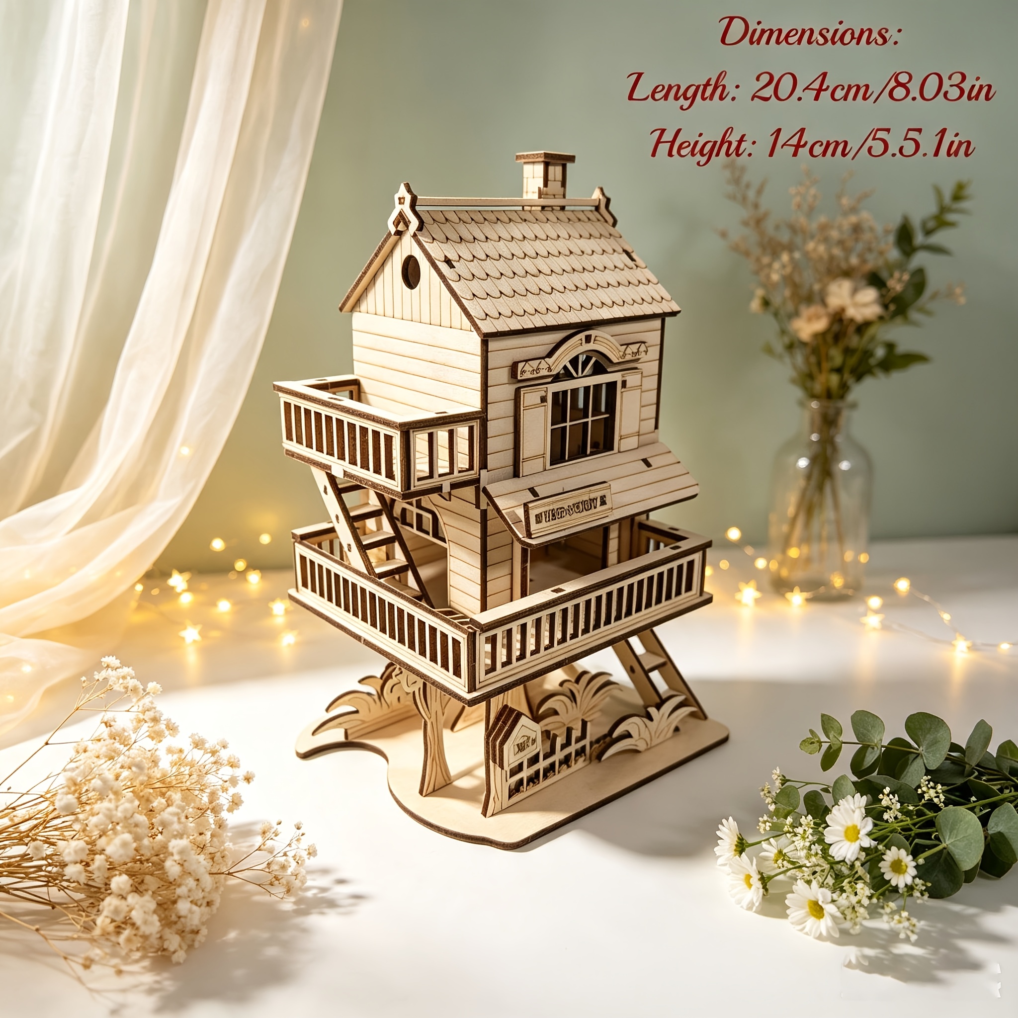 TEMU 3d Wooden Cabin Jigsaw Model Building Kit Creative Treehouse Construction Set Wooden Interlocking Blocks Handcrafted Home Decor Model