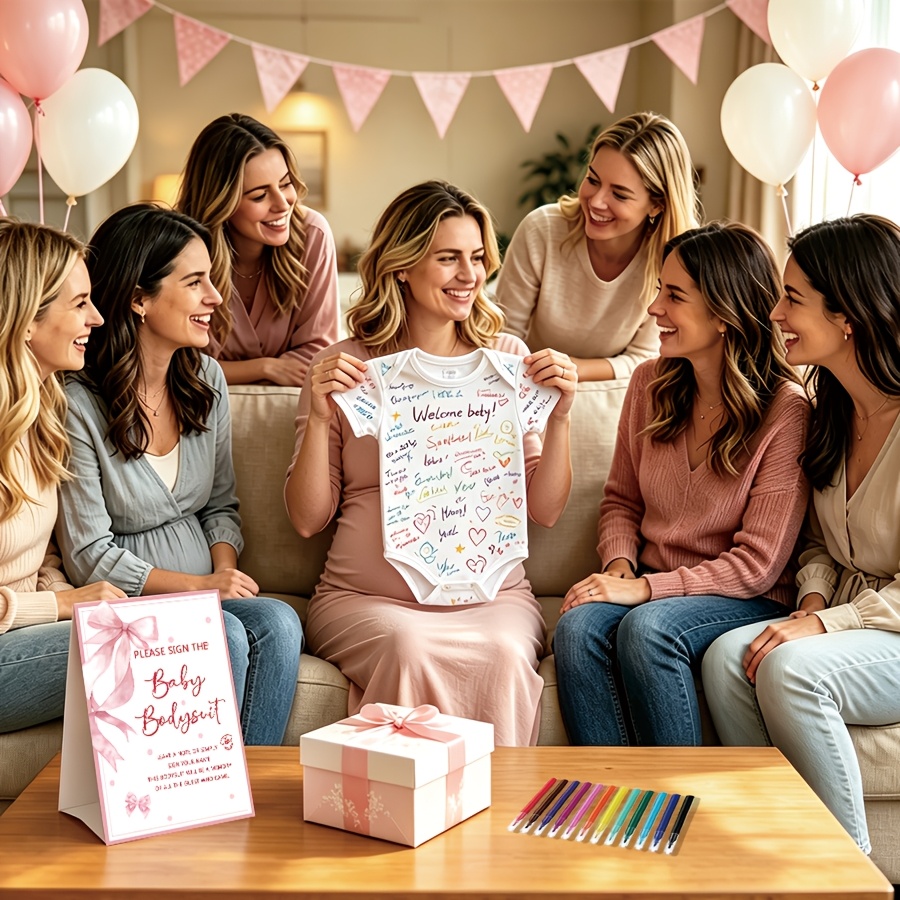 TEMU 14pcs Multi-item Party Favor Pack - Shower Game Set, Including A Pink Bow-themed " The Onesies" Sign, Blank White Onesies, Colored Markers.