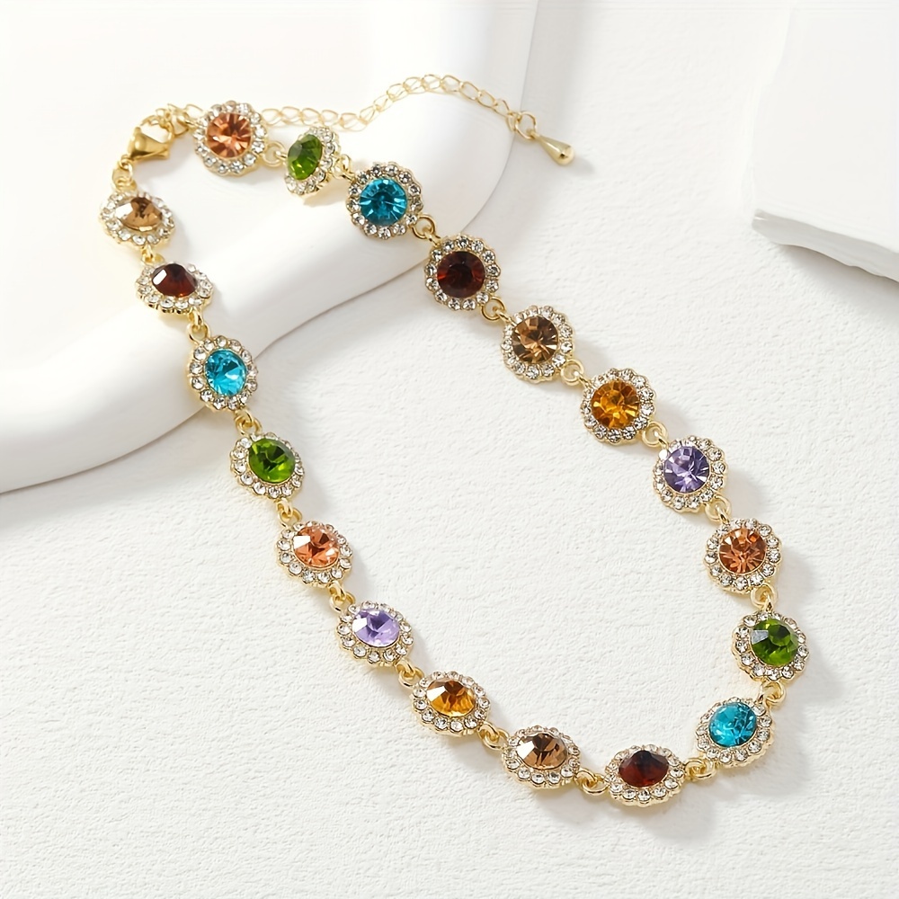 1pc Elegant Stylish Necklace Set with Sparkling Colored Synthetic Gemstones