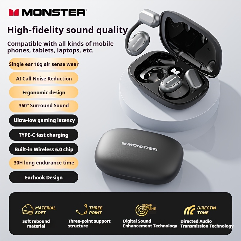 TEMU Écouteurs fil à oreille ouverte Monster, à crochet d'oreille, puce fil 6.0 intégrée, 30 heures de lecture, son stéréo haute , chargement USB-C,