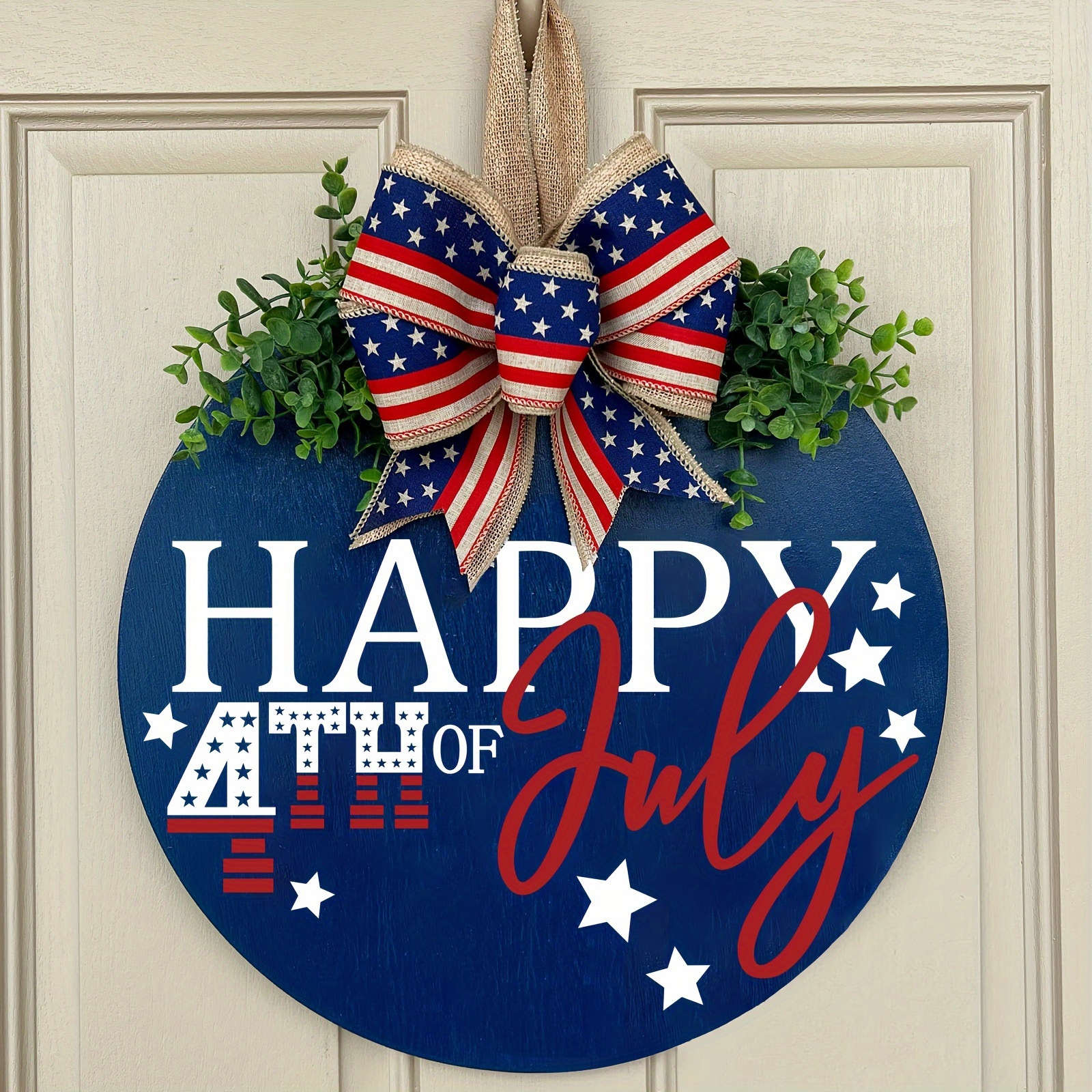 

1pc Rustic Wooden Happy 4th Of July Front Door Sign, Patriotic Welcome Hanging Decor, Festive Holiday Wall Accent With Stars & Stripes Ribbon Bow For Independence Day Decorations