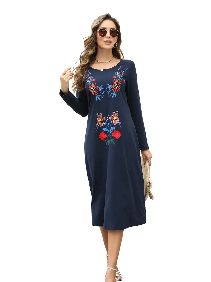 Bohemian Embroidered Extra Long Dress Long Sleeve Traditional Floral Mexican Rustic Dress Women's Boho Bohemian Embroidered Extra Long Dress Long Sleeve Traditional Floral Mexican Rustic Dress Women's Boho