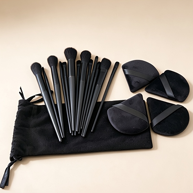 TEMU Premium Makeup Tool 18pcs Set, Includes 13pcs Black Makeup Brushes And 4pcs Pads With Storage Bag, Gentle Brushes, Beauty Sponges, Puff Pads,