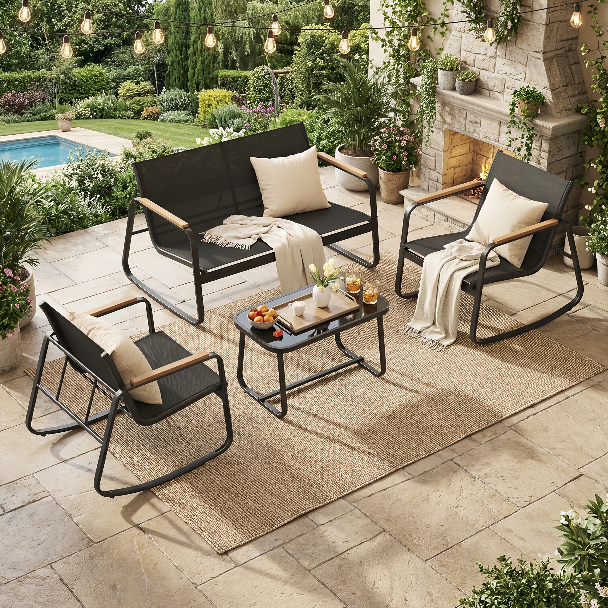 E-shop Outdoor Schaukelstuhl Set, 4-teiliges Gesprächs-Möbelset für die Terrasse mit Tisch, Stahlrahmen, Armlehnen, geeignet für den Außenbereich,