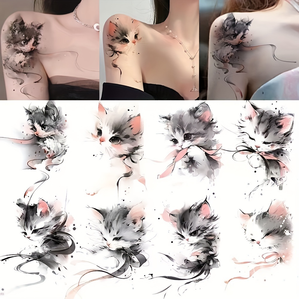 Tattoo Stickers For, Featuring Cute Kittens, Designed For Long-lasting Wear On , Waist, And Thighs; Waterproof Temporary Tattoos.