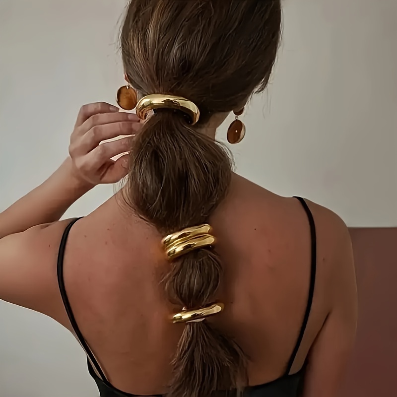 

3pcs Set Of Elegant Golden Alloy Hair Rings - High Elasticity, Irregular Curve Design, Suitable For Fashionable Ponytails And Braids - Multifunctional Accessories For Women And Girls