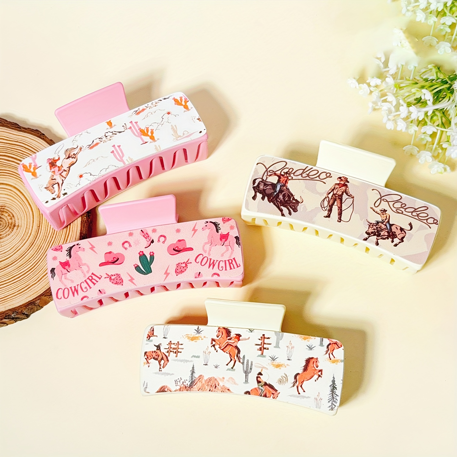 TEMU 4pcs Western Leather Hair Claw Clips; Cowgirl Square Hair Claw Clips; Hair Accessories; Southwestern Leather Hair Accessories; Large Aesthetic