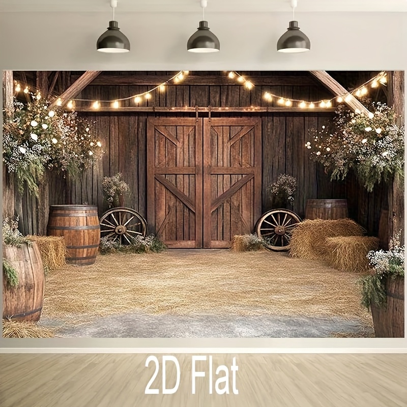 TEMU 1PC2D bannière plate avec fond de rustique, portes en bois, bottes de foin et guirlandes lumineuses - pour champêtres, événements fermiers ou