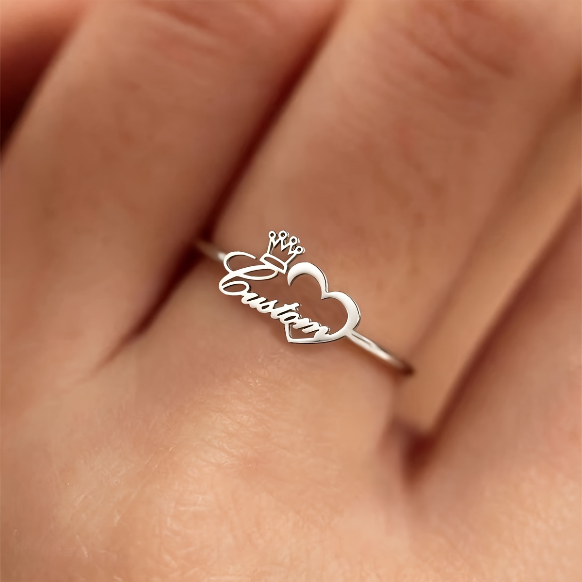 TEMU 1pc Easy Personalized Custom Name Heart Crown Ring, Classic Fashion Elegant Custom Stainless Steel Name ; Personalized Jewelry Women's Banquet