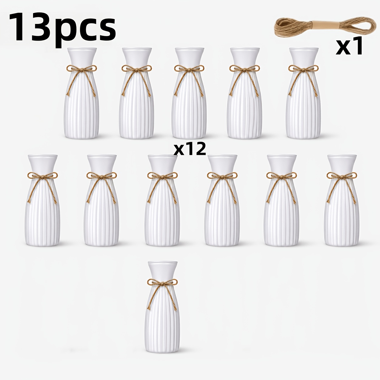 TEMU Ensemble de 12 vases en plastique blanc et 1 corde de jute, vases de style ferme champêtre à motif , parfaits centres de table décoratifs pour