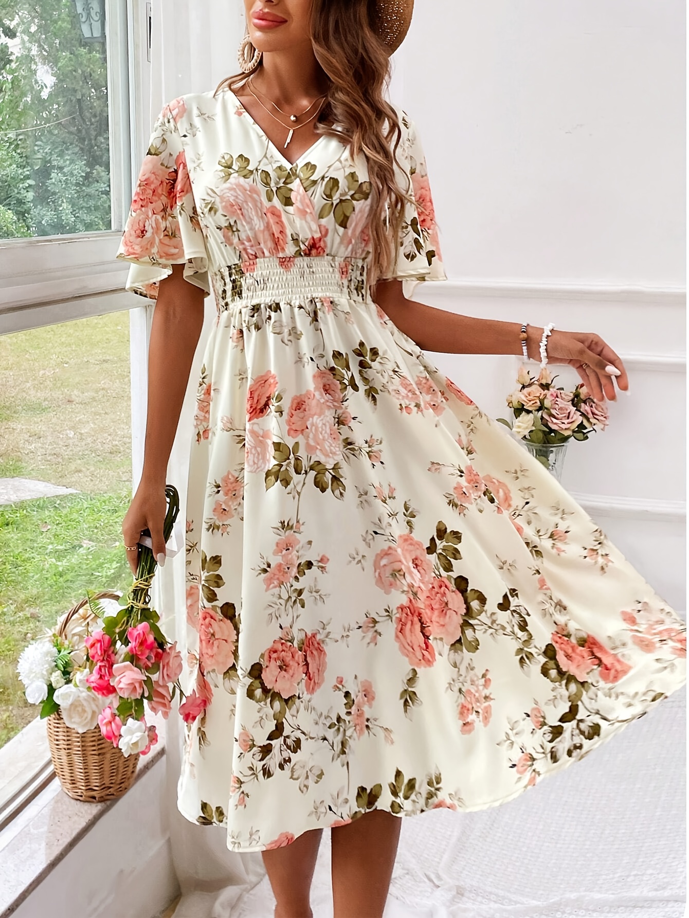 Floral Print V-neck Ruffle-sleeve Matching Vintage Dresses