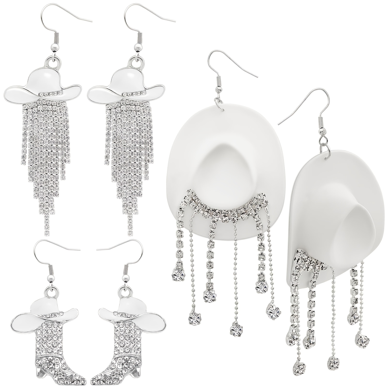 TEMU 3-pair Western Cowboy Hat Earrings Set In Black, White, And Brown With Boot Shiny Rhinestone Tassel Pendants - Country Jewelry For Outfits &