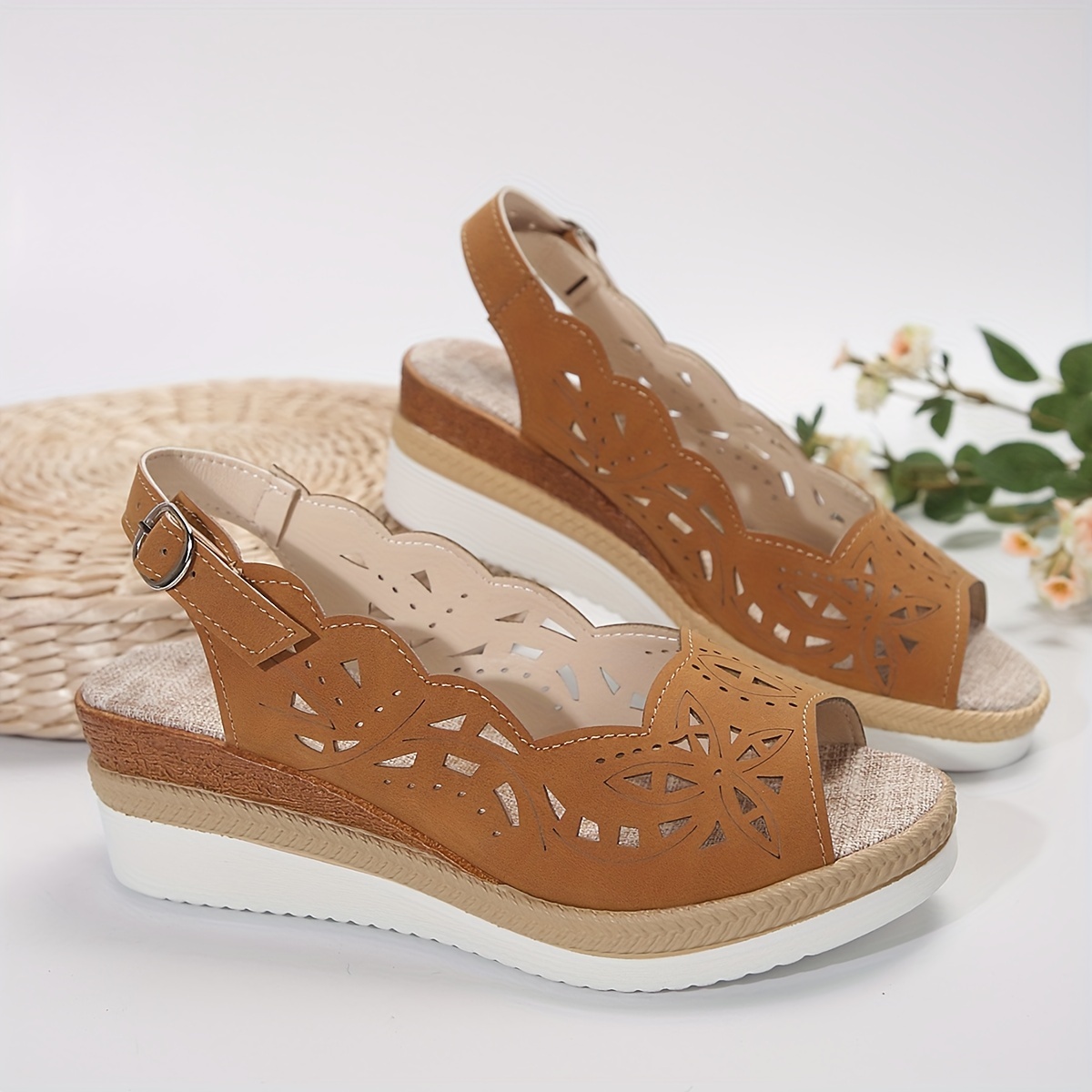 floral hollow sandals women s ankle buckle strap platform detalles 3
