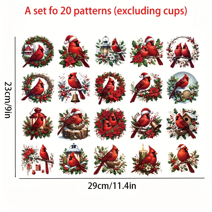 TEMU Lot de 20 UV DTF, motif fleurs et oiseaux, chef , série de de Noël, haute qualité, imperméables, design 3D, effaçables, adaptés aux bocaux en