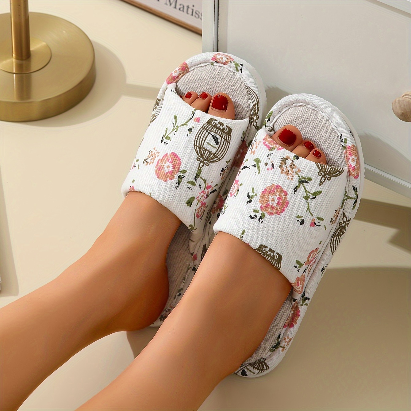 

Women's Floral Print Home Slippers, Ultra Light Open Toe Linen Shoes, Comfy Indoor Floor Flat Slippers