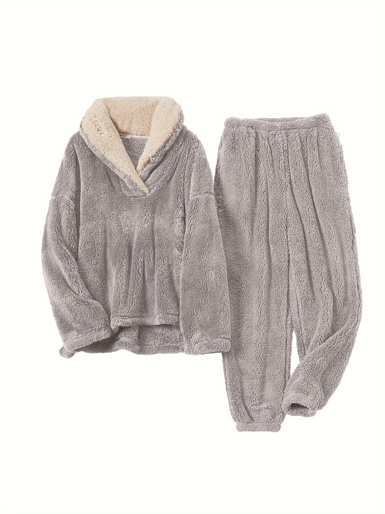 Fuzzy Zipper Lounge Set, Long Sleeve Hooded Top With Pockets & Pants,  Women's Loungewear & Sleepwear