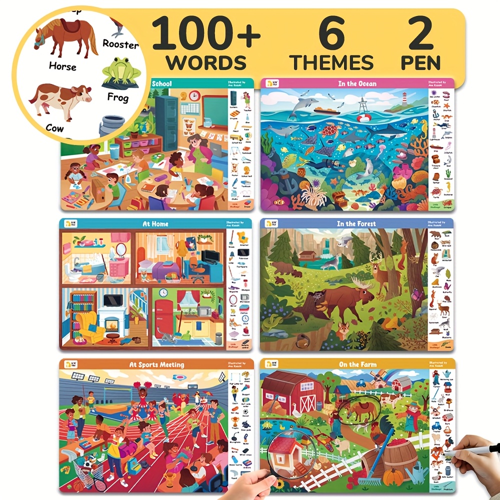 Image of 6pcs Search&find Posters, 6 Life Scenes, , Farm, Forest, Ocean, Home, School, Sports Meeting Life Artists Illustration Educational Erasable Cards, 2 Pen, Drawing Game, Birthday Gift