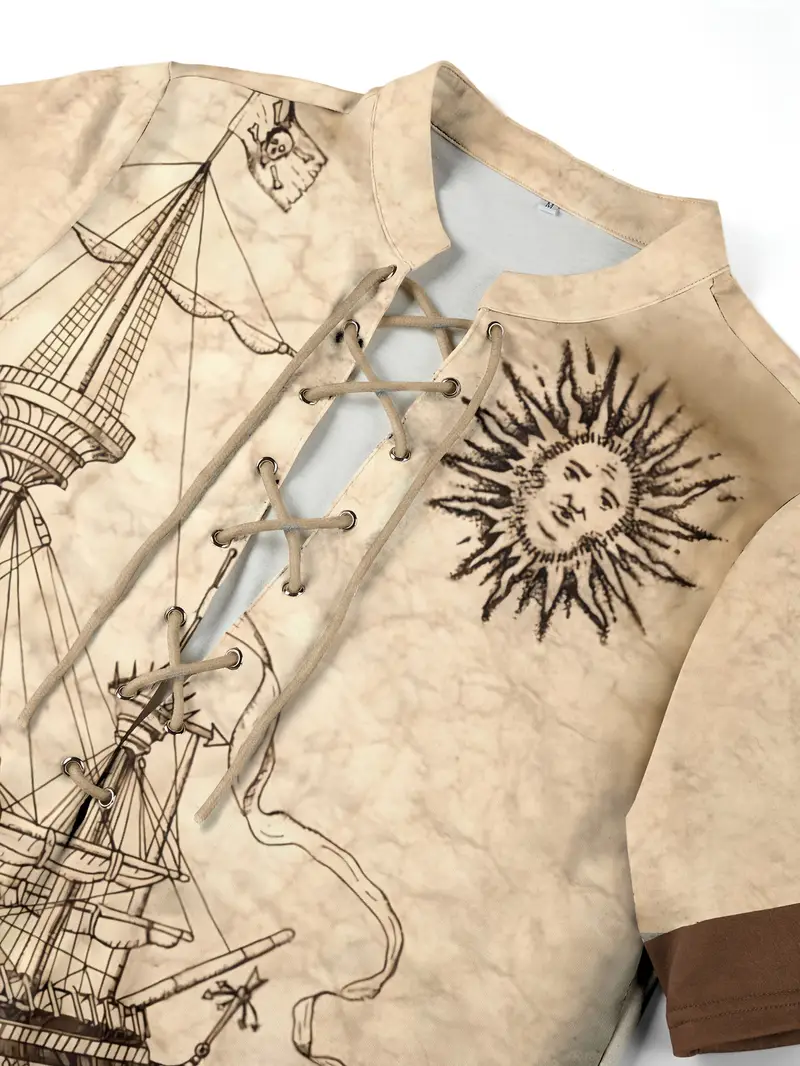 pattern mens vintage short sleeve stand collar lace up henley shirt suit for details 2